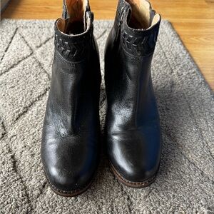 Olukai Black Leather Ankle Booties with Woven Detail